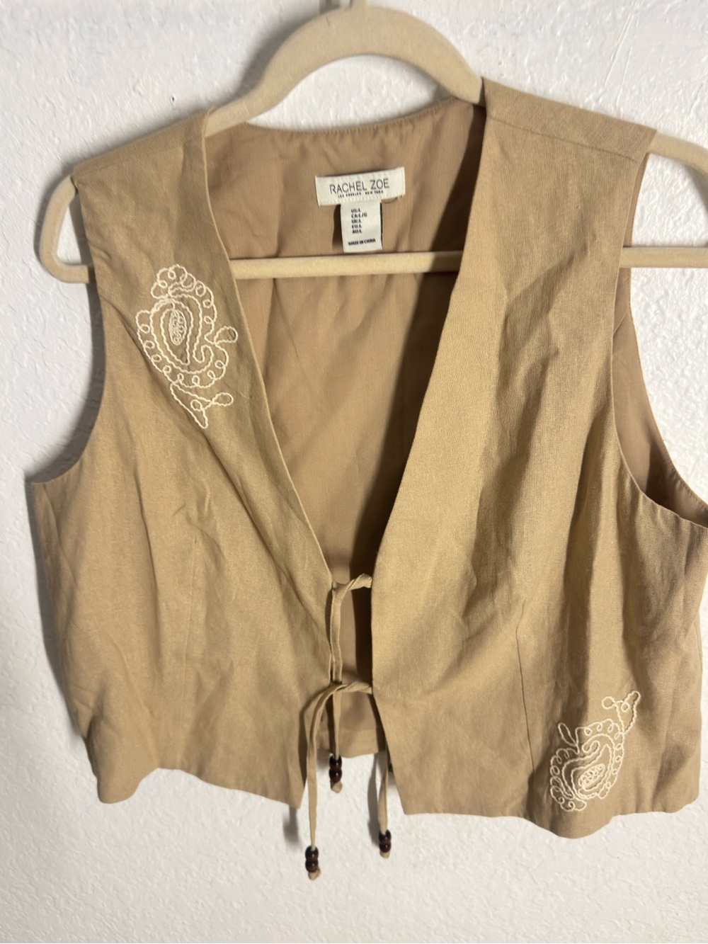Rachel Zoe Tan Embroidered Tie-Front Crop Vest